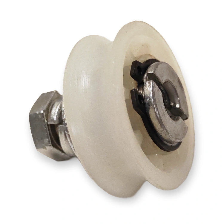 Schindler Varidor 30 compatible counter roller 34x19.5 mm M12 with eccentric bolt, bearing side on white background.