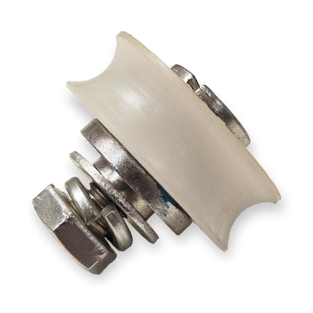 Schindler Varidor 30 compatible counter roller 34x19.5 mm M12, side view with nut, washers and spring washer on white background.