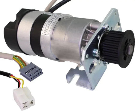 KONE AMD D10 door motor KM903370G04 with mounting bracket, belt pulley and connector cables on white background.