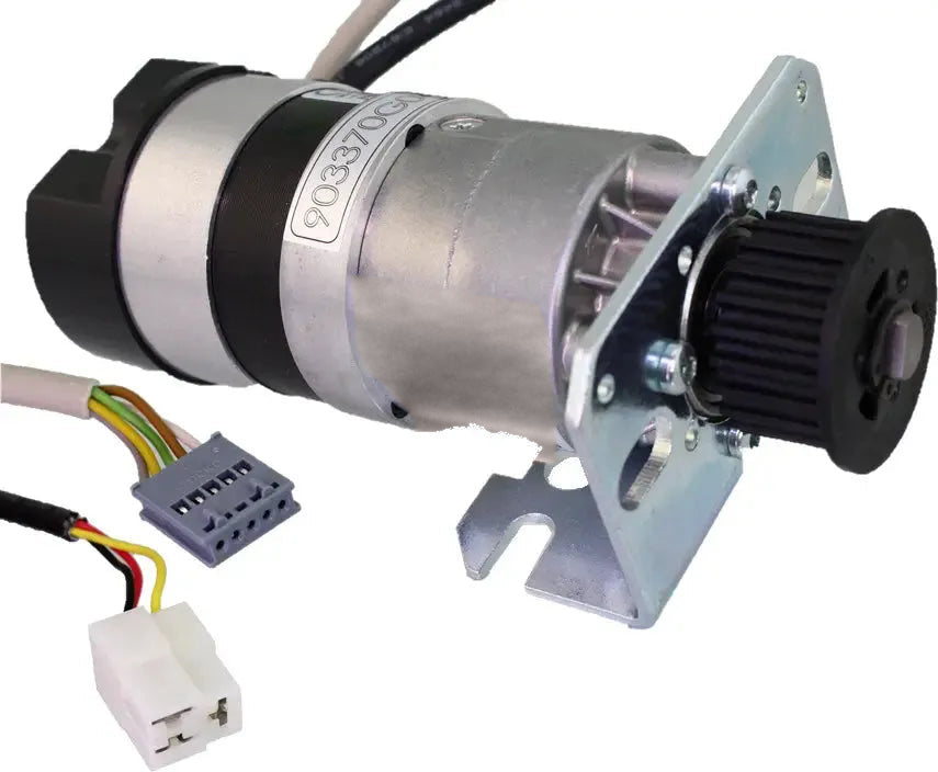KONE AMD D10 door motor KM903370G04 with mounting bracket, belt pulley and connector cables on white background.