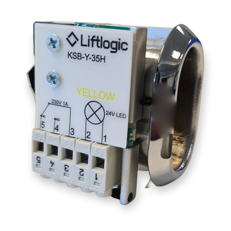 LiftLogic KSB-Y-35H key switch, label side showing YELLOW, 230V 1A, 24V LED and terminals 1 to 5, chrome bezel at the right, on white background.