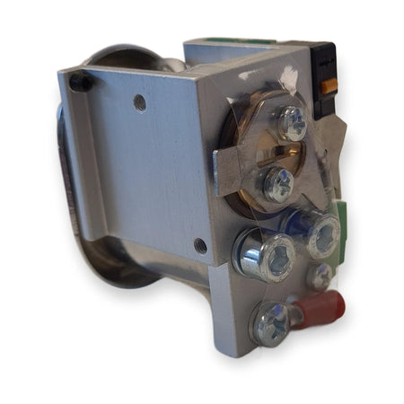 LiftLogic KSS-35H spring-loaded key switch seen from the rear, showing the cam and return mechanism, on white background.