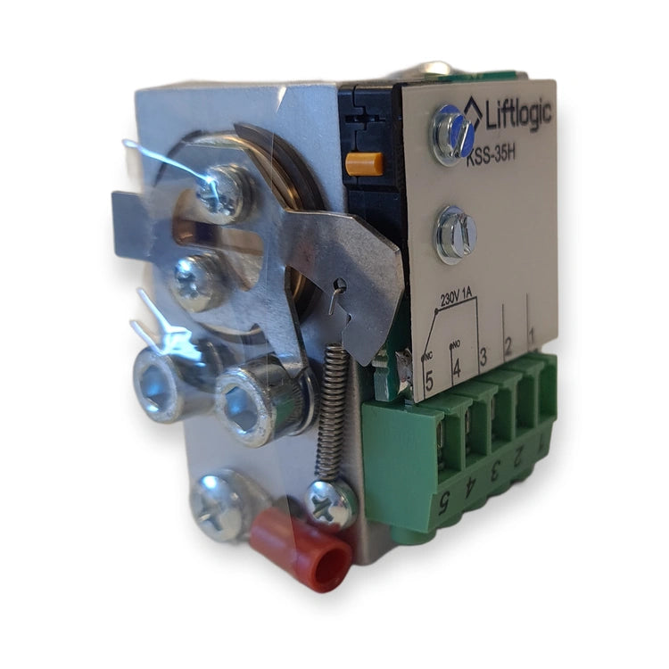 LiftLogic KSS-35H spring-loaded key switch three-quarter view showing the return spring and the label, on white background.