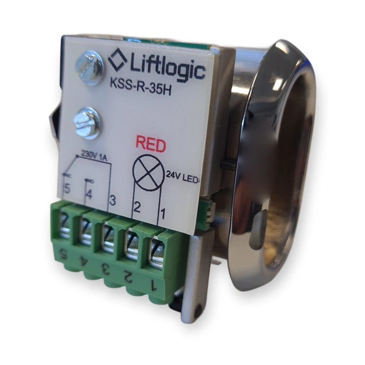 LiftLogic KSS-R-35H spring-loaded key switch with red LED, label side showing RED, 230V 1A, 24V LED and terminals 1 to 5, on white background.