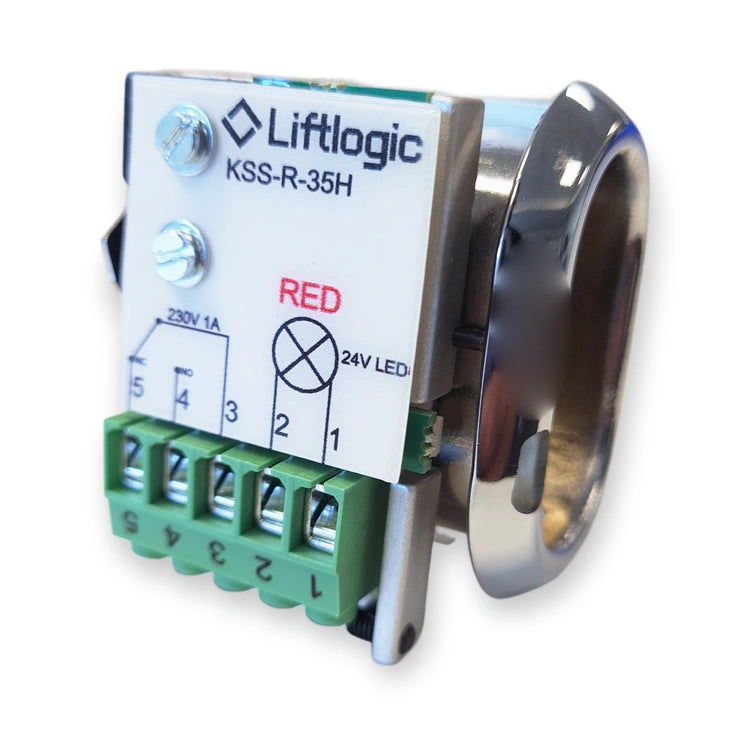 LiftLogic KSS-R-35H spring-loaded key switch with red LED, label side showing RED, 230V 1A, 24V LED and terminals 1 to 5, on white background.