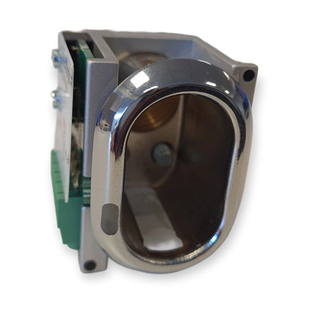 LiftLogic KSS-R-35H spring-loaded key switch seen from the front, oval chrome bezel with the key barrel, on white background.