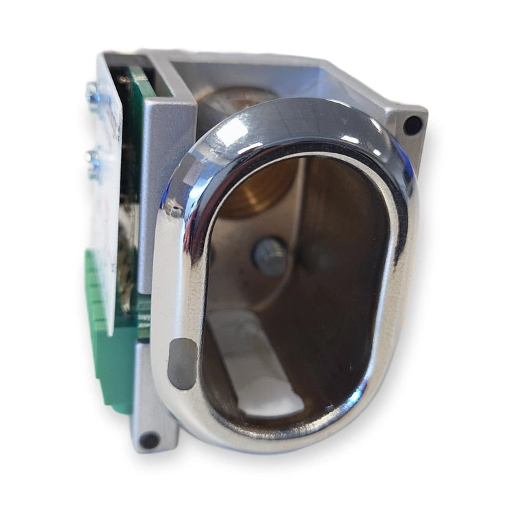 LiftLogic KSS-R-35H spring-loaded key switch seen from the front, oval chrome bezel with the key barrel, on white background.
