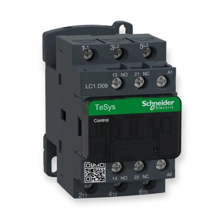 Schneider Contactor 3-Pole 9A 230V AC Coil LC1D09P7, on white background.