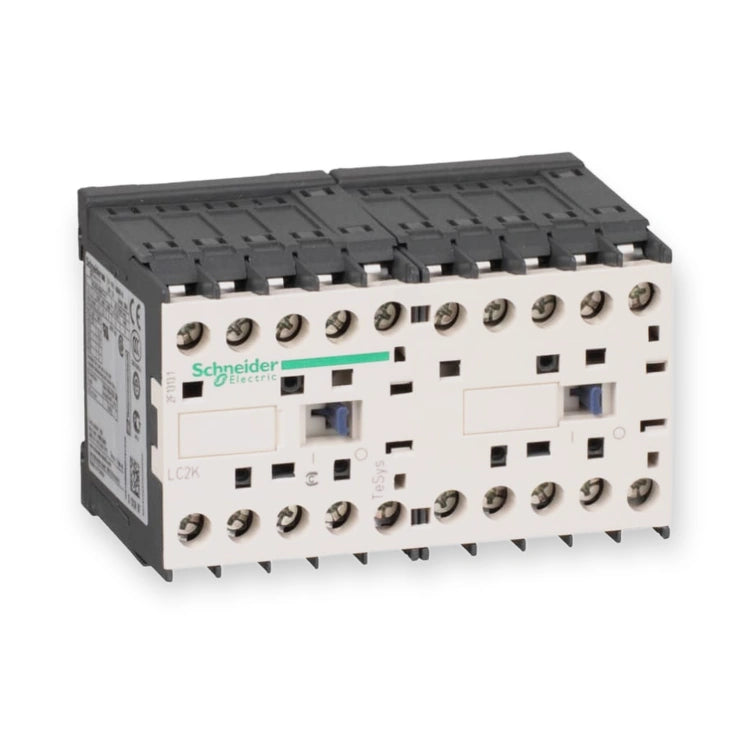 Schneider Contactor 3-Pole 9A 48V AC TeSys K Reversing LC2K09105E7, front view showing white faceplate, black terminal blocks, and blue switches, on white background.