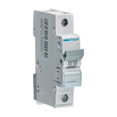 Hager MCN150 miniature circuit breaker, 1-pole C50, on white background.