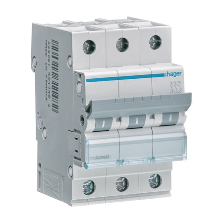 Hager MCN320 miniature circuit breaker, 3-pole C20, on white background.
