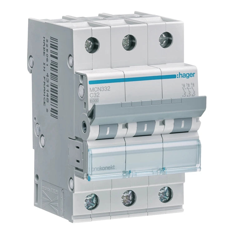 Hager MCN332 Miniature Circuit Breaker, 3-pole, C-characteristic, 32A, 6kA, screw terminals, on white background.