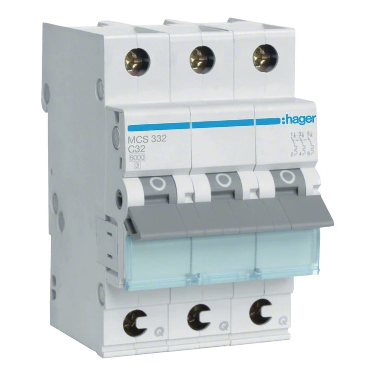 Hager MCS332 3-pole miniature circuit breaker, C32, 6kA, QuickConnect, on white background.