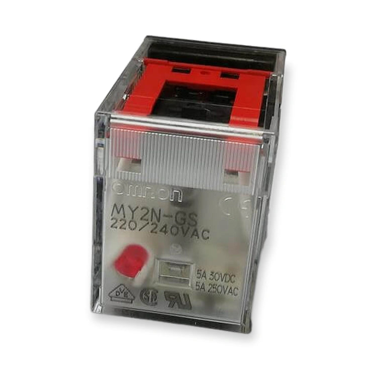 Omron Relay 12VDC 2 Form C DPDT 10A Plug-In MY2N-GS-DC12, transparent housing with red internal components and printed label on front face, on white background.