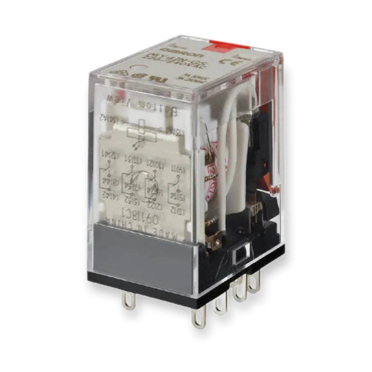 Omron Relay 4PDT 24V DC Plug In MY4IN-GS-DC24, transparent housing with printed circuit diagram and metal pin terminals, on white background.