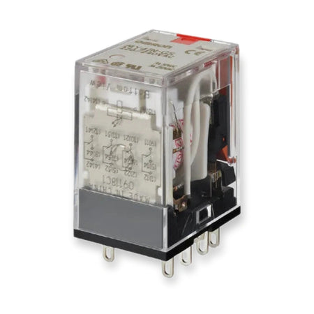 Omron Relay 4PDT 24V DC Plug In MY4IN-GS-DC24, transparent housing with printed circuit diagram and metal pin terminals, on white background.