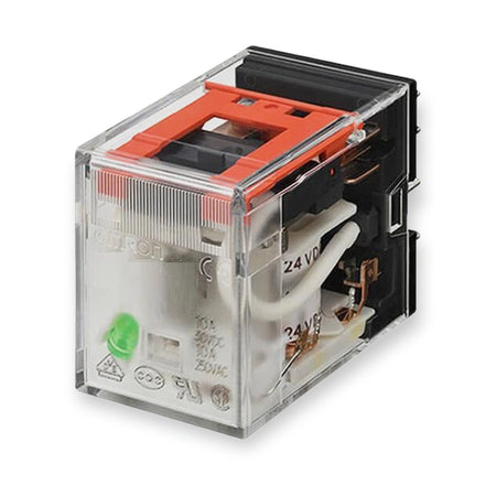 Omron Relay 24V AC 4PDT Plug-In MY4N-GS-AC24, transparent housing with orange top, green button, and internal wiring visible, on white background.