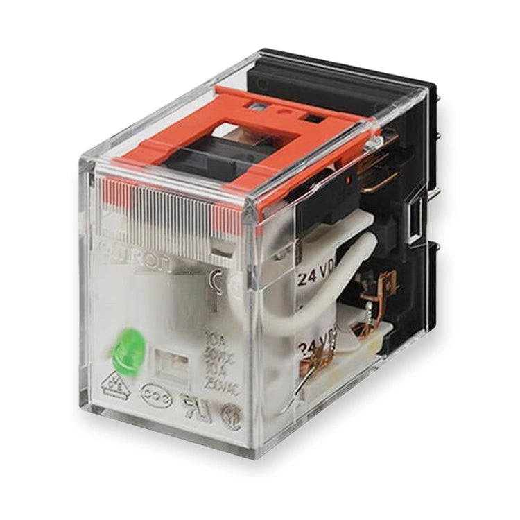Omron Relay 24V AC 4PDT Plug-In MY4N-GS-AC24, transparent housing with orange top, green button, and internal wiring visible, on white background.
