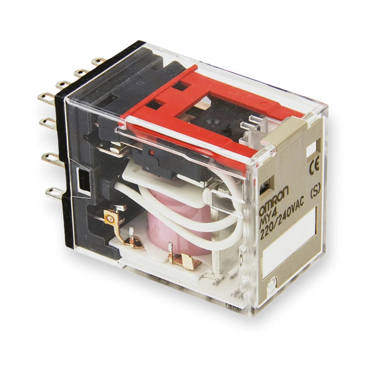 Omron Relay 4PDT 240V AC Plug-In 5A MY4N-GS-R 220/240VAC (MY4N-GS-R-220-240VAC), transparent housing revealing internal coil, red frame, and metal terminals, on white background.