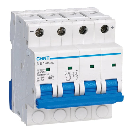 Chint NB1-63DC 4-pole DC miniature circuit breaker 1000V DC, front view on white background.