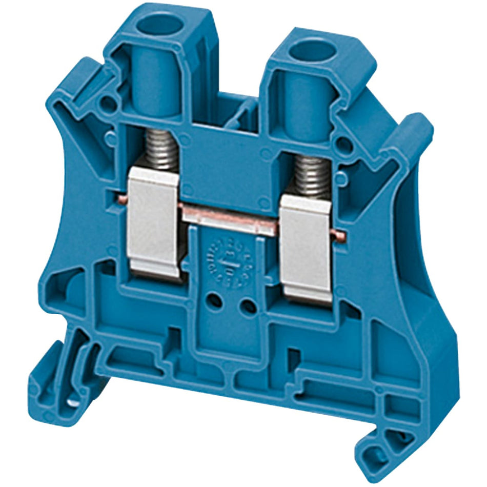 Schneider Linergy TR Feed-Through Terminal Block 6mm² Blue, NSYTRV62BL on white background.