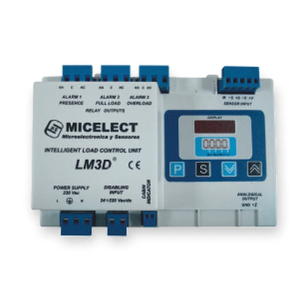 Micelect LM3D intelligent load control unit, DIN rail version with display, keypad and relay terminals, front view on white background.