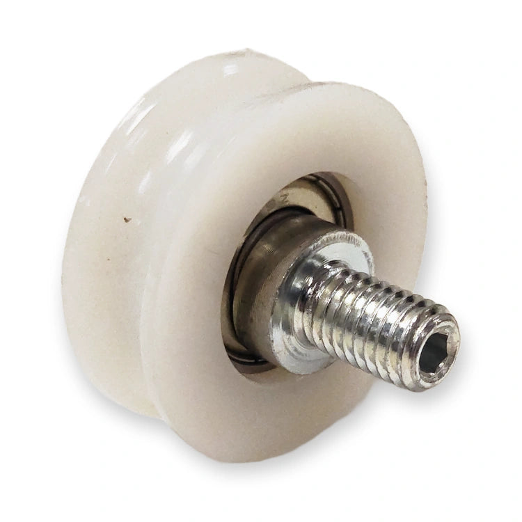 Eccentric door roller 44/38x15 mm with M10 hex-socket stud, angled view on white background.