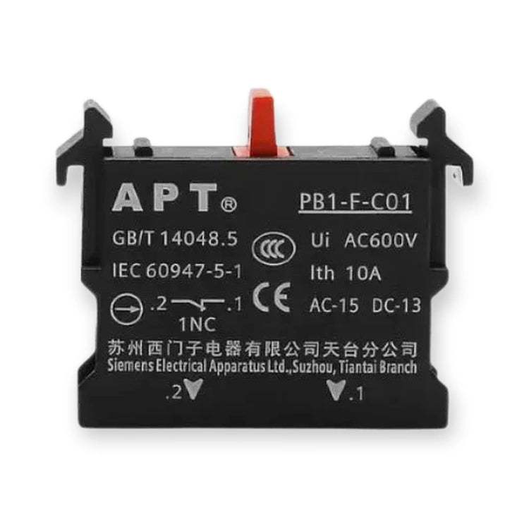 SIEMENS APT PB1-F-C01 contactblock NC (PB1-F-C01-NC), black label face with white text and red actuator on top, on white background.