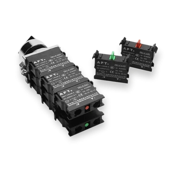 SIEMENS APT PB1-F-C10 contactblock NO (PB1-F-C10-NO), stacked black relay modules with colored indicator buttons and white printed labels, on white background.