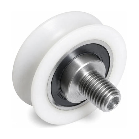 Fermator-compatible PFR-0100.00000 concentric upper door roller, 48/42 × 14 mm, with white grooved wheel, sealed 6002 bearing and M12 threaded shaft, SKU PFR-0100.00000-3rd, shown in a front three-quarter studio view.