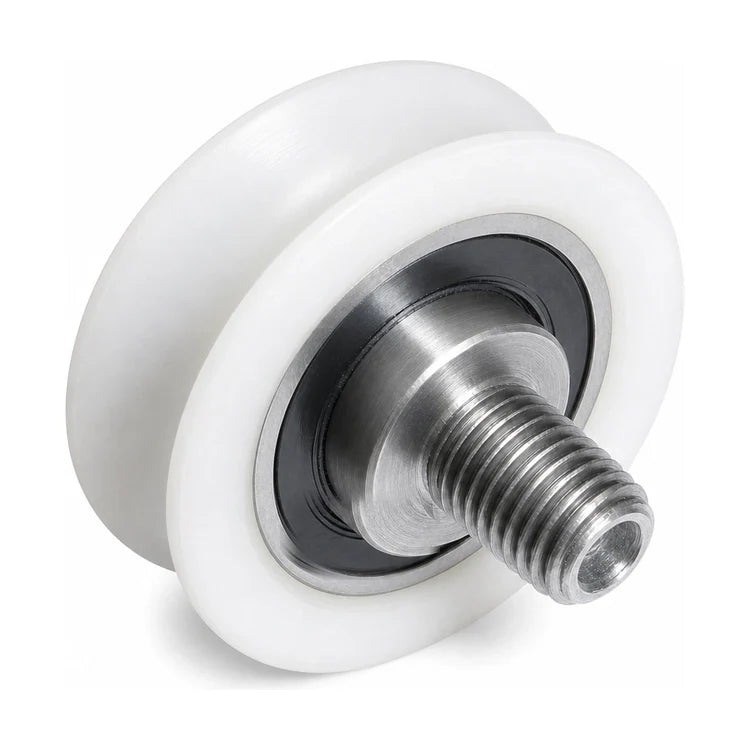 Fermator-compatible PFR-0100.00000 concentric upper door roller, 48/42 × 14 mm, with white grooved wheel, sealed 6002 bearing and M12 threaded shaft, SKU PFR-0100.00000-3rd, shown in a front three-quarter studio view.
