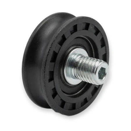 Fermator 40/10 Hanger Roller 48/41x14mm M12 Concentric OEM (PFR-620000000), black wheel with ribbed rim and threaded hex bolt from side, on white background.