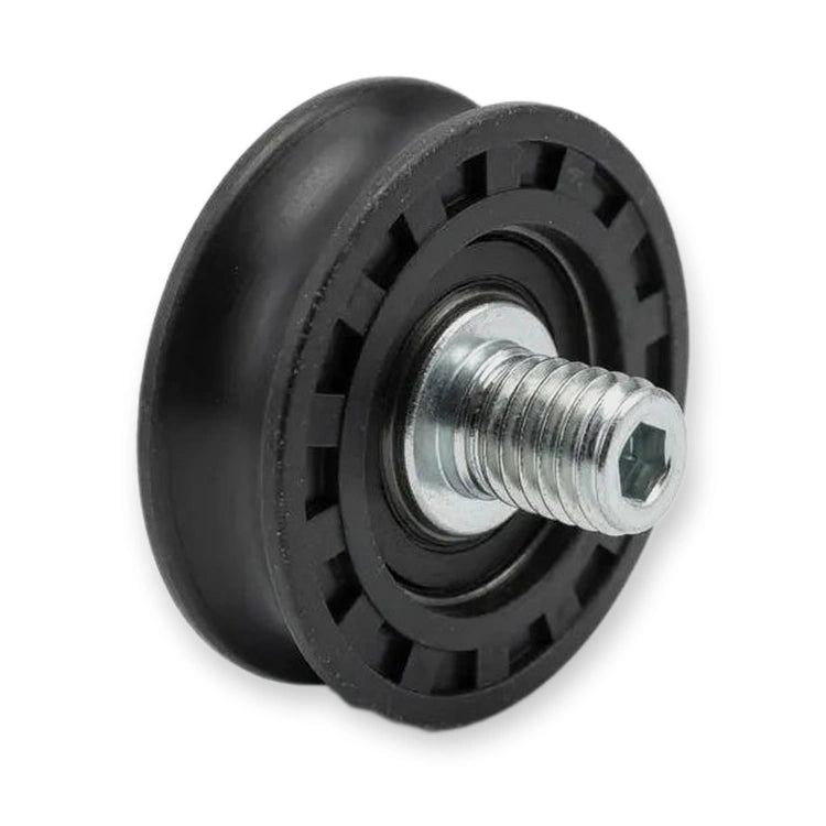 Fermator 40/10 Hanger Roller 48/41x14mm M12 Concentric OEM (PFR-620000000), black wheel with ribbed rim and threaded hex bolt from side, on white background.