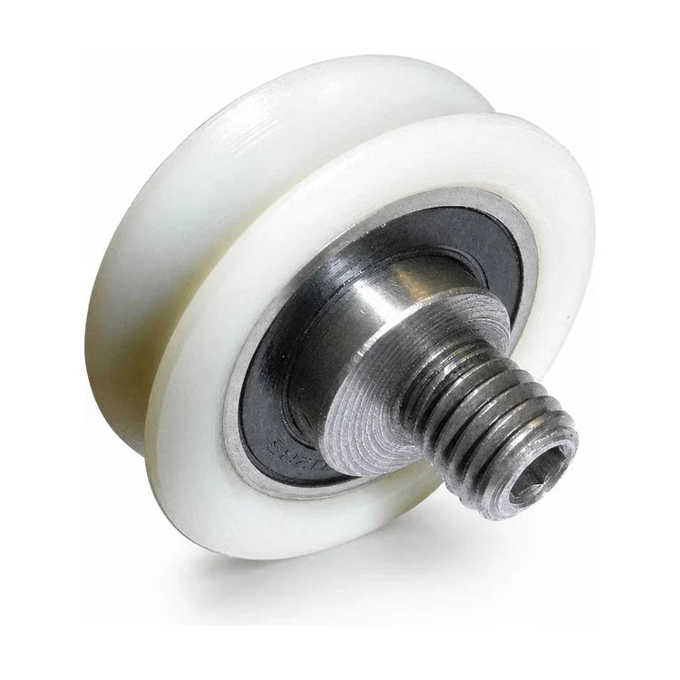 Fermator-compatible PFR.0200.00000 eccentric lower door roller, 48/42 × 14 mm, with white grooved wheel and M12 threaded shaft, shown in a front three-quarter studio view.