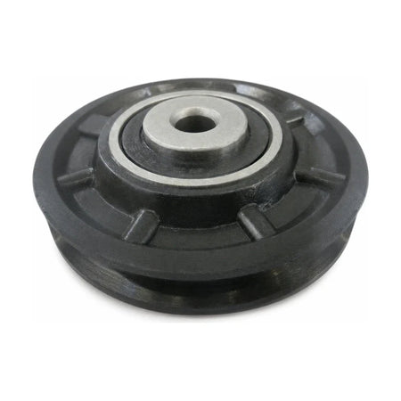 Fermator DE51499120 door synchronization roller, 64/58 × 9 mm, with a black U/V-groove wheel, eight radial ribs and recessed M8 metal bore, SKU PFR.070000000, shown in a front three-quarter studio view.