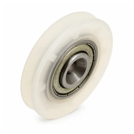 Fermator-compatible KM933390 synchronization rope roller, 47 × 9 mm, with a translucent white grooved wheel and recessed 6 mm bearing bore, SKU PFR.0800.00000, shown in a front three-quarter studio view.