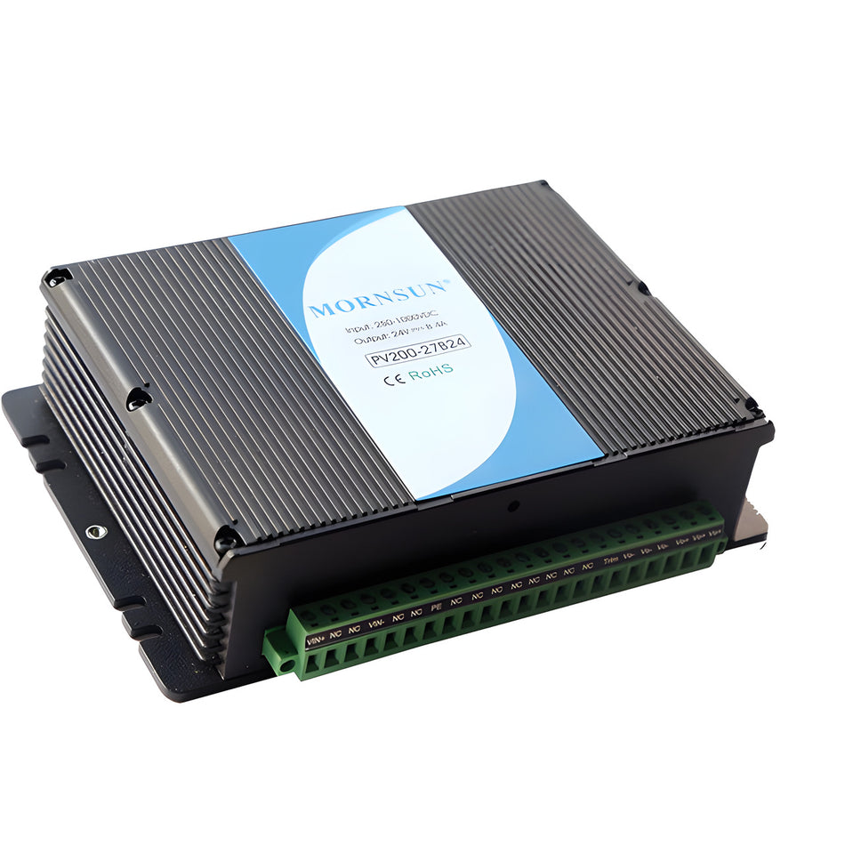 Mornsun PV200-27B24 200W Isolated DC-DC Converter, 200-1000VDC to 24V on white background.