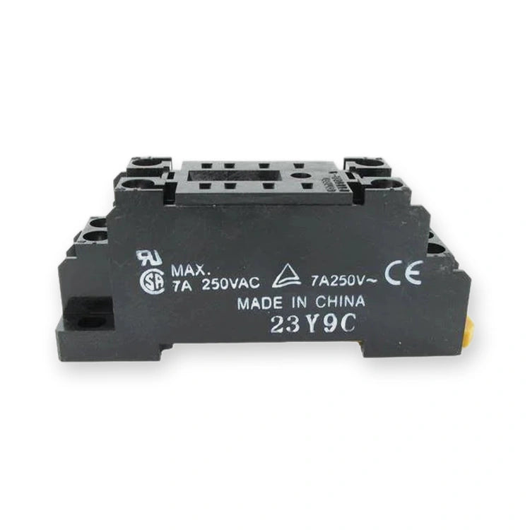 Omron Relay Socket 8 Contacts DIN Rail Mount PYF08A-E, black relay with white printed ratings and terminal holes on top, on white background.
