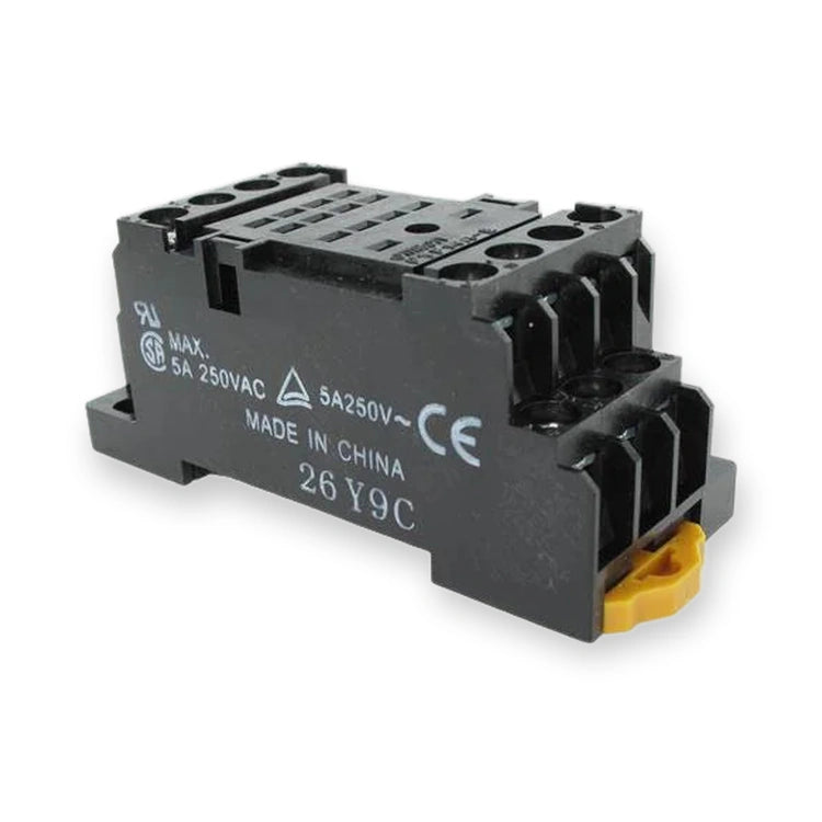 Omron Relay Socket 4-Pole DIN Rail Mount PYF14A-E, angled view of black relay with terminal blocks and yellow lever, on white background.