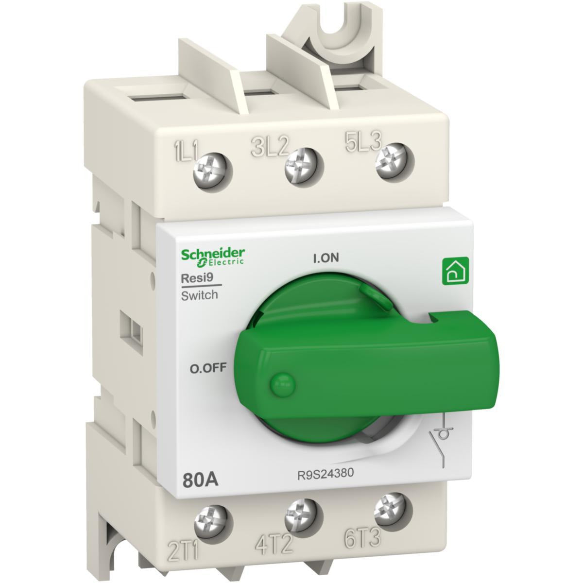 Schneider Resi9 Rotary Switch-Disconnector 3P 80A, R9S24380 on white background.