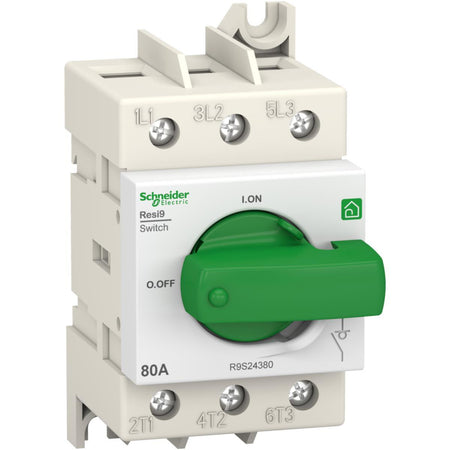 Schneider Resi9 Rotary Switch-Disconnector 3P 80A, R9S24380 on white background.