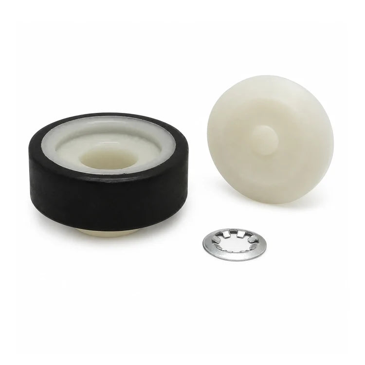 Thyssen S200 guide roller kit with black roller, white nylon insert, and retaining washer