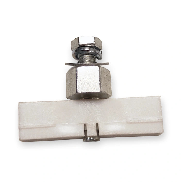 Schindler 5400 300P V30 compatible door slider complete set, white slider with hex spacer, washers and bolt, front view on white background.