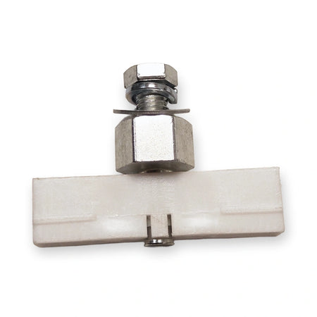 Schindler 5400 300P V30 compatible door slider complete set, white slider with hex spacer, washers and bolt, front view on white background.