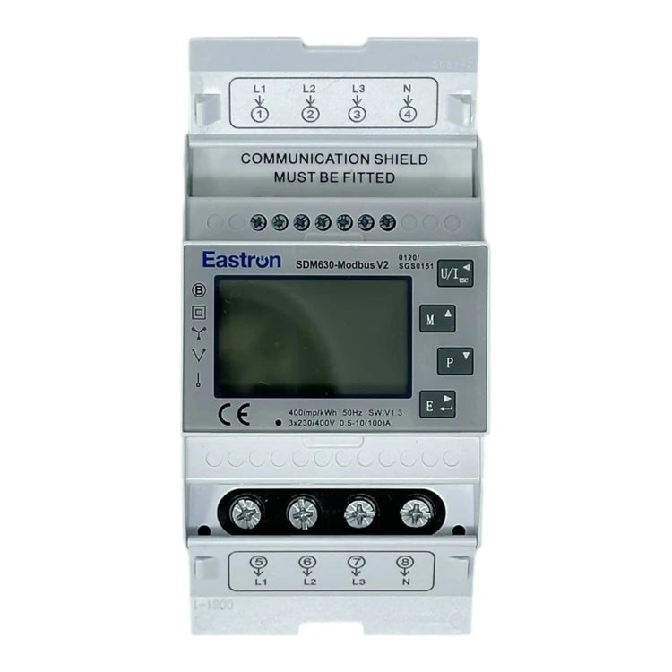 Eastron SDM630-Modbus three-phase DIN rail energy meter with LCD display, front view on white background.