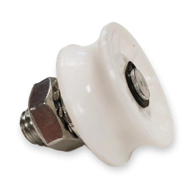 Eccentric guide roller 30x14 mm with grooved white nylon wheel and M10 stud, nut and lock washer, on white background.