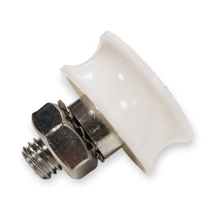 Eccentric guide roller 30x14 mm, side view of grooved wheel with M10 stud and nut, on white background.