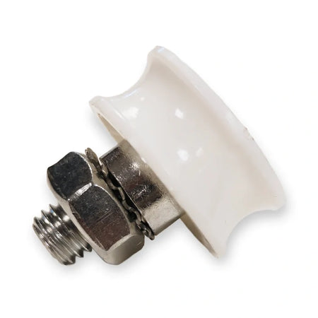 Eccentric guide roller 30x14 mm, side view of grooved wheel with M10 stud and nut, on white background.