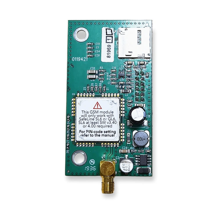 SafeLine T_GSMIF-4 GSM 2G interface board for SL6 and GL6, component side with GSM module, micro SIM holder and SMA antenna connector, on white background.