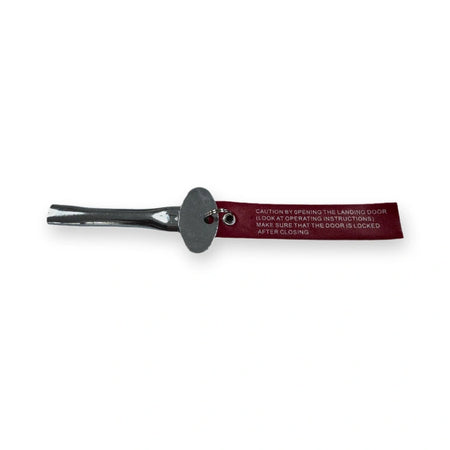Keychain Emergency Lift Triangle Key M5 L=85mm (Triangle_KeyL85mm), top view of metal lever with oval plate and red warning label, on white background.